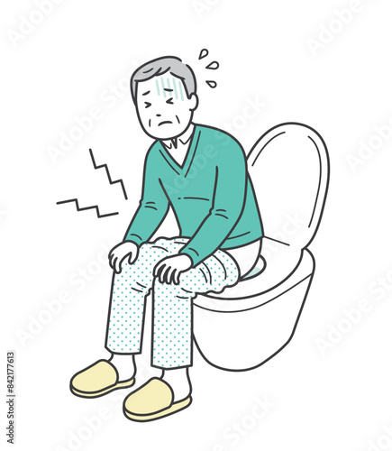下痢や便秘による腹痛でトイレに篭り苦しむ高齢男性のイラスト
