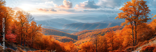 Autumn Mountain Retreat: Vibrant Fall Foliage on Rolling Hills and Towering Peaks