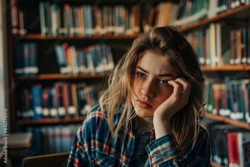 A Young female student preparing for exams at library -- A Young female student preparing for exams at library --