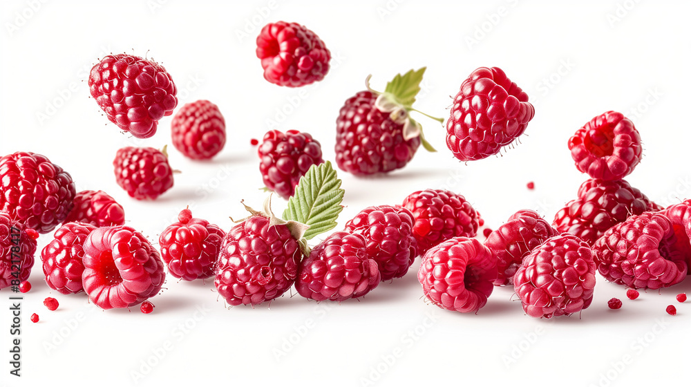 Various falling fresh ripe raspberries on a light isolated white background.

