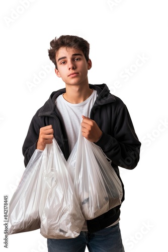 A Young man holding plastic bags isolated on white photo