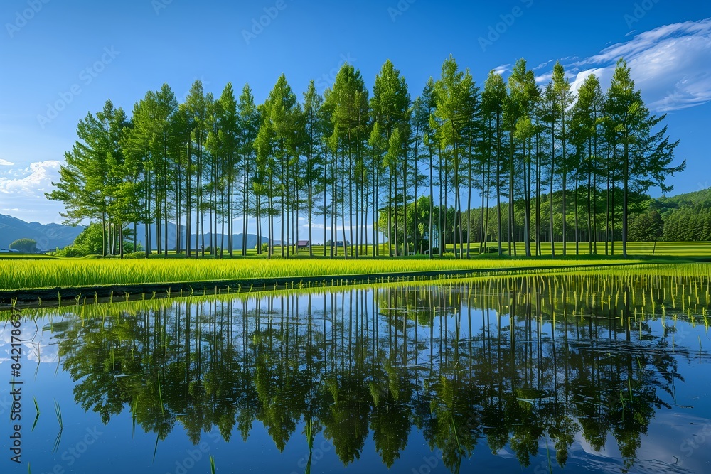 Fototapeta premium 水田に映る木と青空