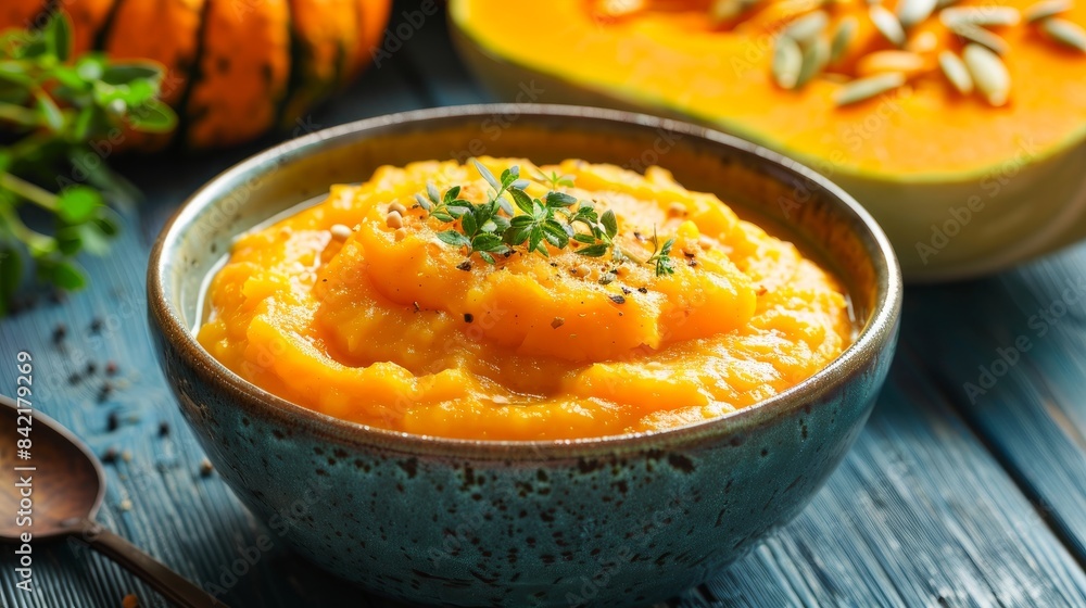 A bowl of creamy pumpkin soup puree served on a dark blue wooden table, perfect for a vegetarian lunch. A bowl of creamy pumpkin soup puree served on a dark blue wooden table, perfect for a vegetarian lunch.