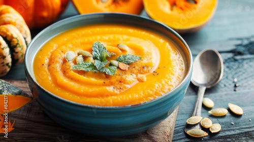 A bowl of creamy pumpkin soup puree served on a dark blue wooden table, perfect for a vegetarian lunch.