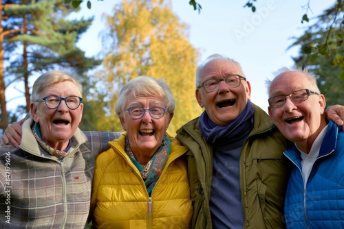 Portrait of happy senior friends laughing and having fun in autumn park © Enrique