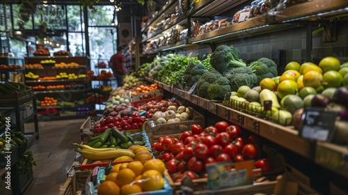 A bustling supermarket fruit and vegetable zone filled with fresh produce.