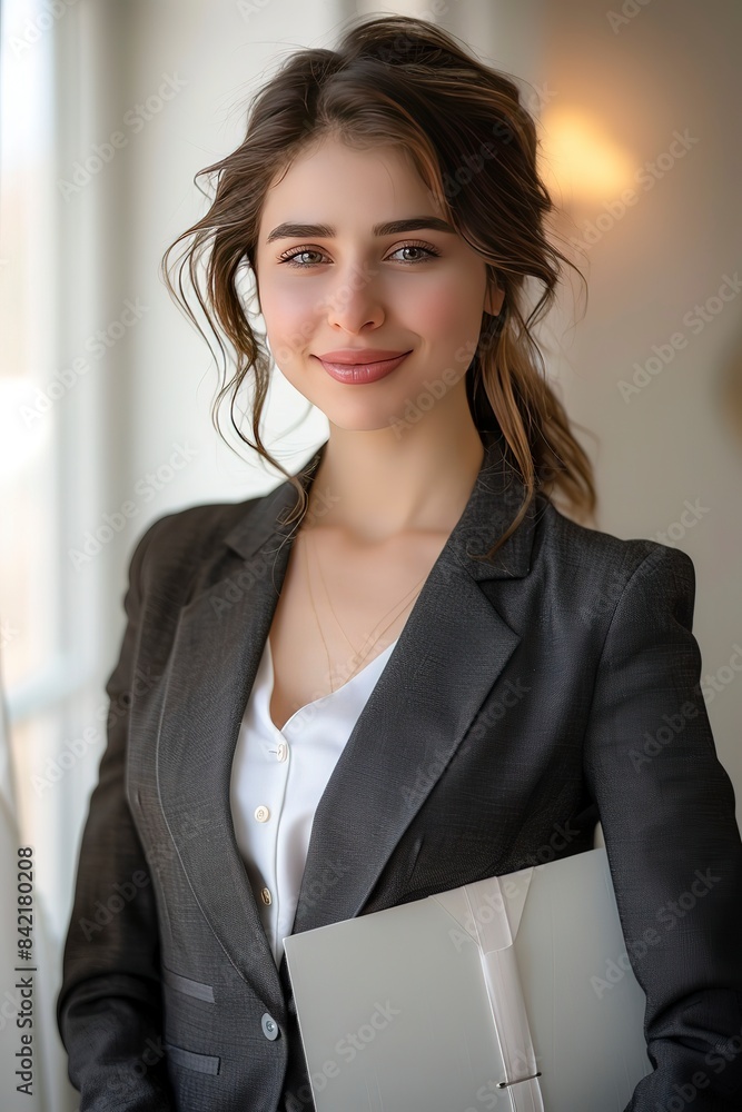 realistic photo of a professional woman in elegant and professional outfit, very pretty suit set, color of this color code #F2C8A2, generative ai realistic photo of a professional woman in elegant and professional outfit, very pretty suit set, color of this color code #F2C8A2, generative ai
