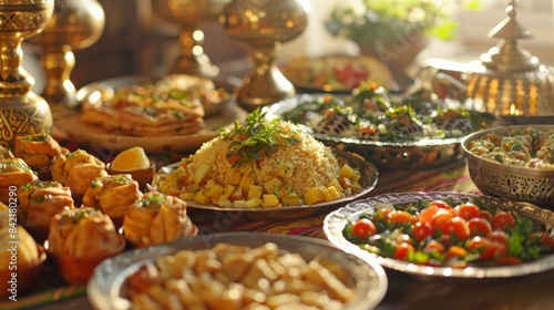 Arabic food and a typical Middle Eastern lunch. It is also 'Iftar' for Ramadan.the meal that Muslims eat during Ramadan after sundown. a variety of oriental Egyptian dishes.food was served at a family photo