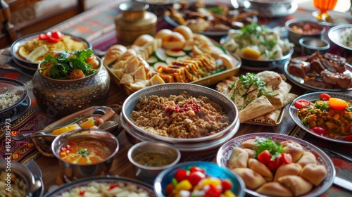 Arabic food and a typical Middle Eastern lunch. It is also 'Iftar' for Ramadan.the meal that Muslims eat during Ramadan after sundown. a variety of oriental Egyptian dishes.food was served at a family
