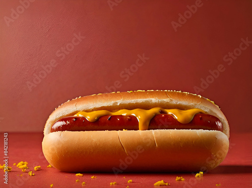 A hot dog bun with mustard and ketchup in a playful, artistic style.