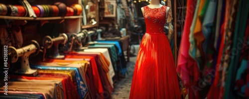 A photo of an elegant red dress on display in the shop, surrounded by colorful fabrics and sewing machines.