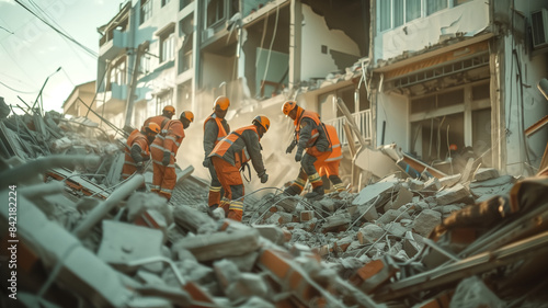 The picture of rescuers in the debris of the building after the Earthquake.