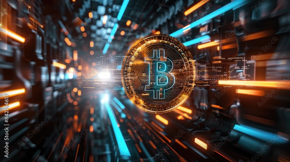 Fototapeta premium Bitcoin blockchain cryptocurrency mining technology, digital background wallpaper banner
