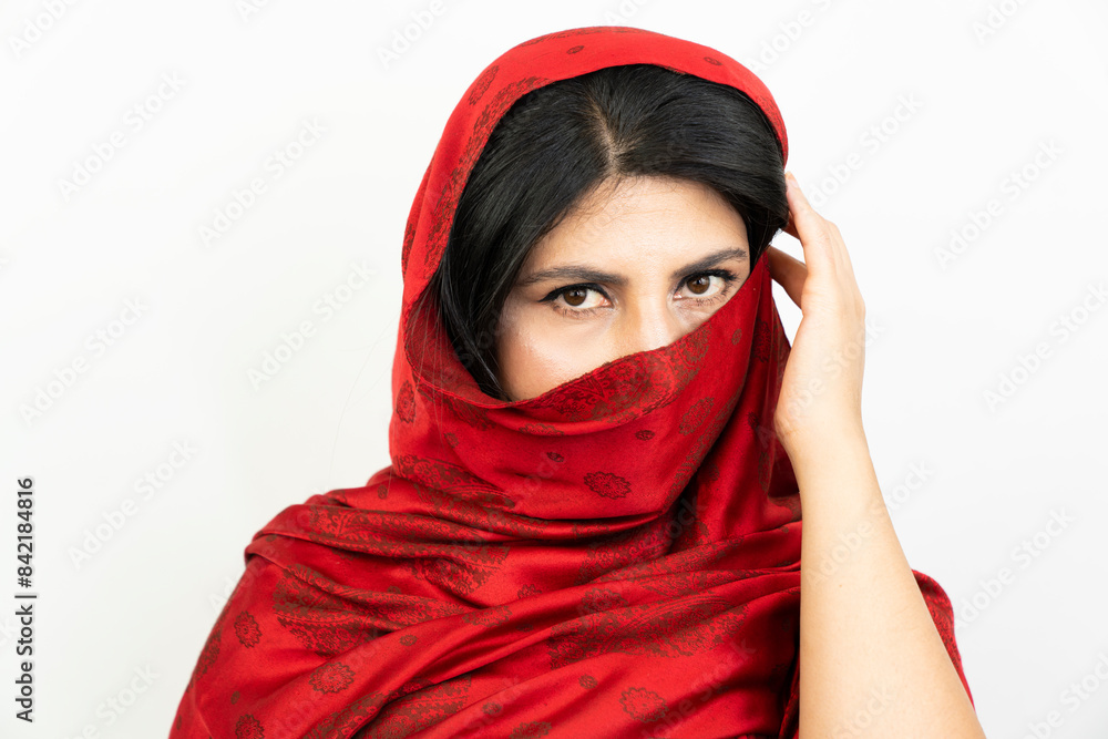 Portrait of a woman with a red scarf in the studio Portrait of a woman with a red scarf in the studio
