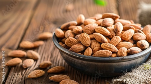 Wallpaper Mural Almonds in metal bowl on wooden table. Generative Ai Torontodigital.ca