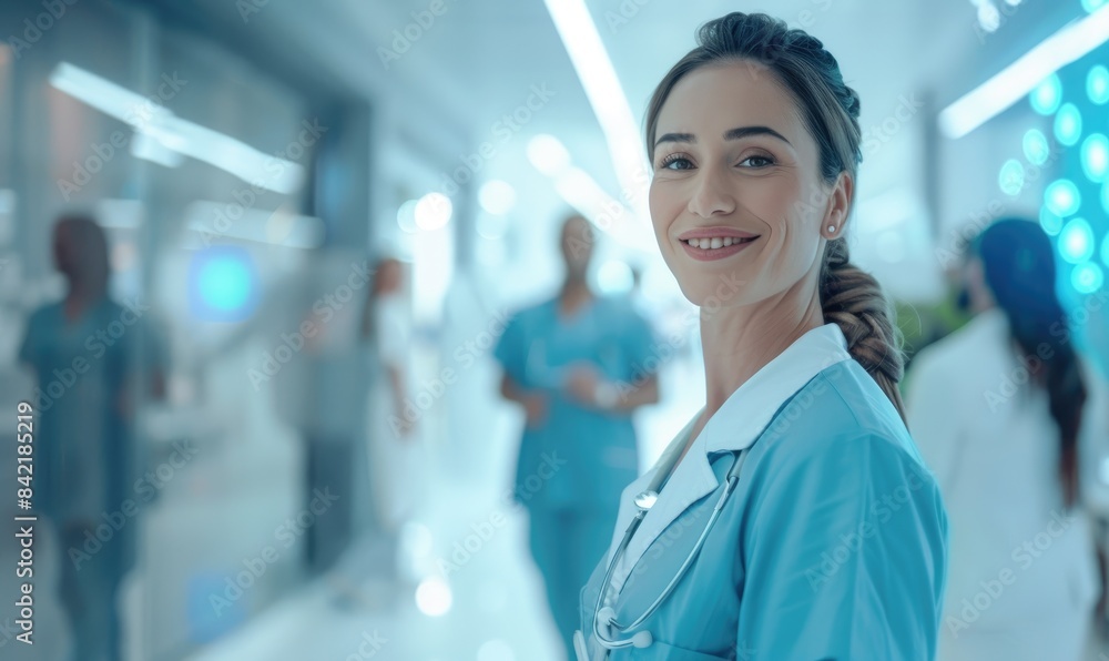 A happy medical woman nurse stands in hospital A happy medical woman nurse stands in hospital