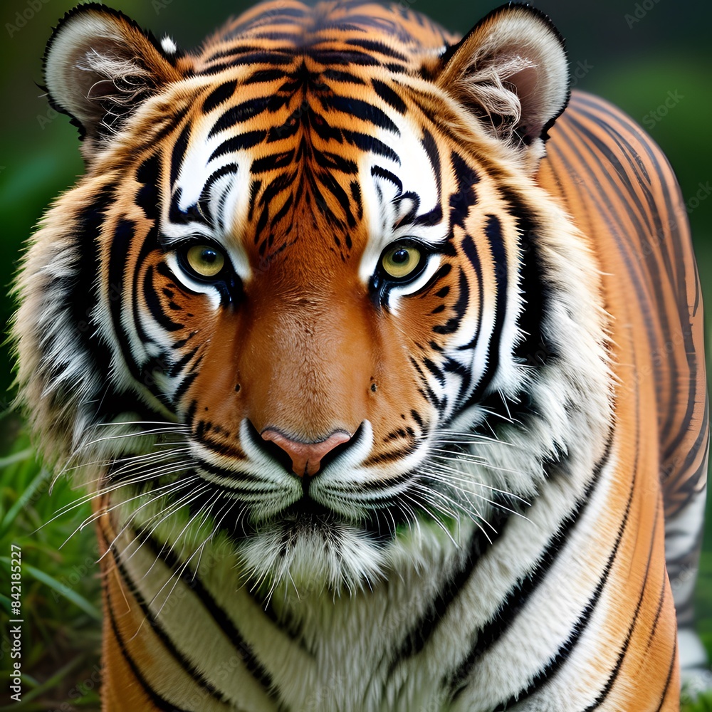 A powerful close-up of a tiger, showcasing its piercing eyes and iconic striped fur A powerful close-up of a tiger, showcasing its piercing eyes and iconic striped fur