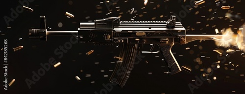 A submachine gun firing bullets on a black background, 3D rendering photo