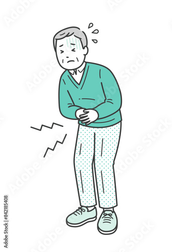 腹痛でお腹を押さえて苦しむ高齢男性のイラスト