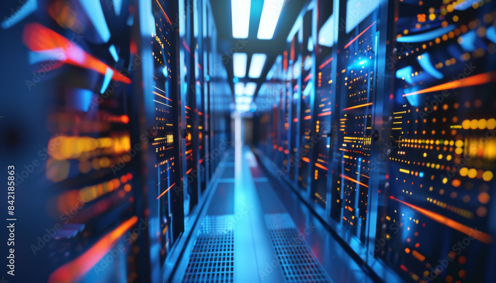 A computer server room with many servers and a blue background A computer server room with many servers and a blue background