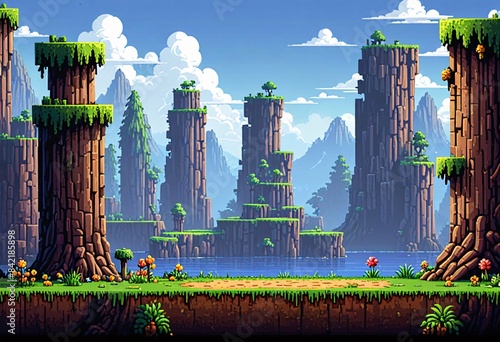 asset for a bit pixel platform mobile game,dirt grass wood tree bush stone dungeon castle background