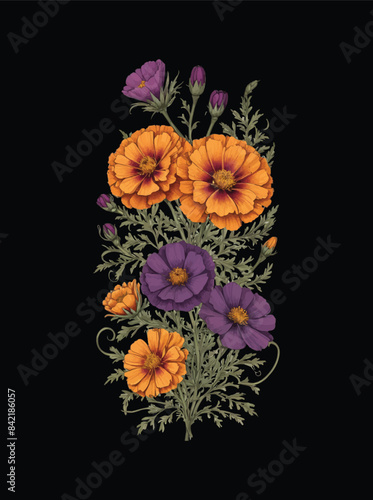 Marigolds and purple cosmos flowers with ornamental and curved branches arranged in a neat and simple way