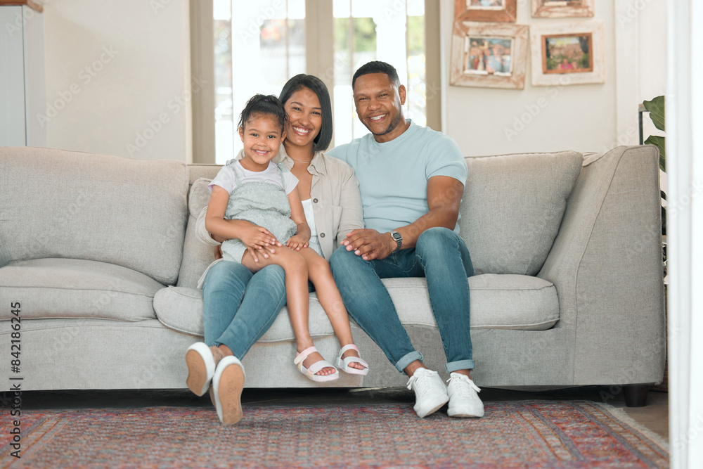 Family, portrait and happy for love, relax and trust in home living room with mother, father and child. Parents, kid and smile as household for care, bond or support together in house lounge on sofa Family, portrait and happy for love, relax and trust in home living room with mother, father and child. Parents, kid and smile as household for care, bond or support together in house lounge on sofa
