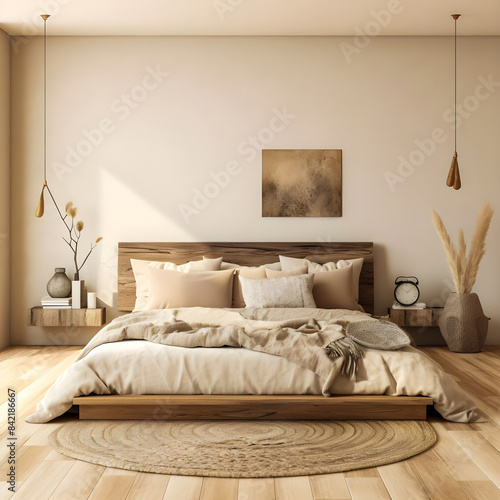 Modern bedroom features a bed with beige bedding, showcasing a boho, farmhouse interior design.