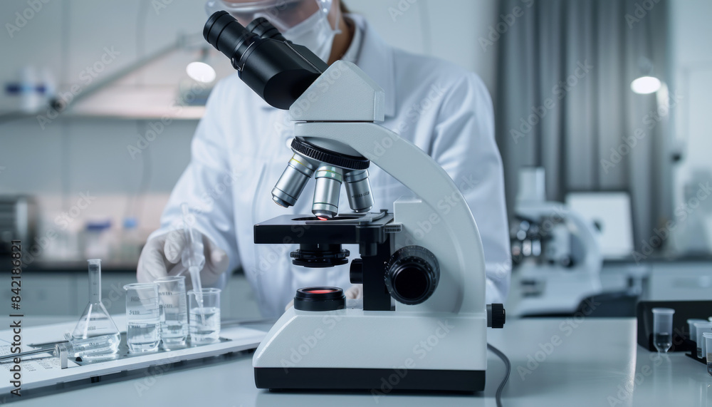 A scientist is using a microscope to examine a sample A scientist is using a microscope to examine a sample