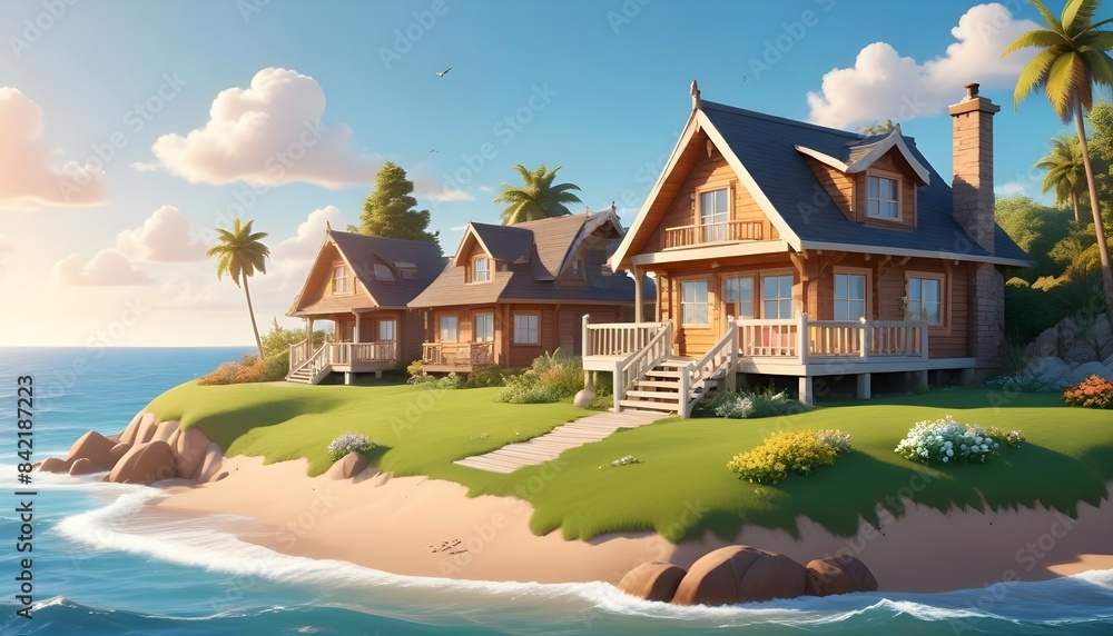 A quaint wooden home perched on the edge of a beach, with a well-maintained grassy yard and a stunning view of the ocean, under a brilliant summer sun. A quaint wooden home perched on the edge of a beach, with a well-maintained grassy yard and a stunning view of the ocean, under a brilliant summer sun.