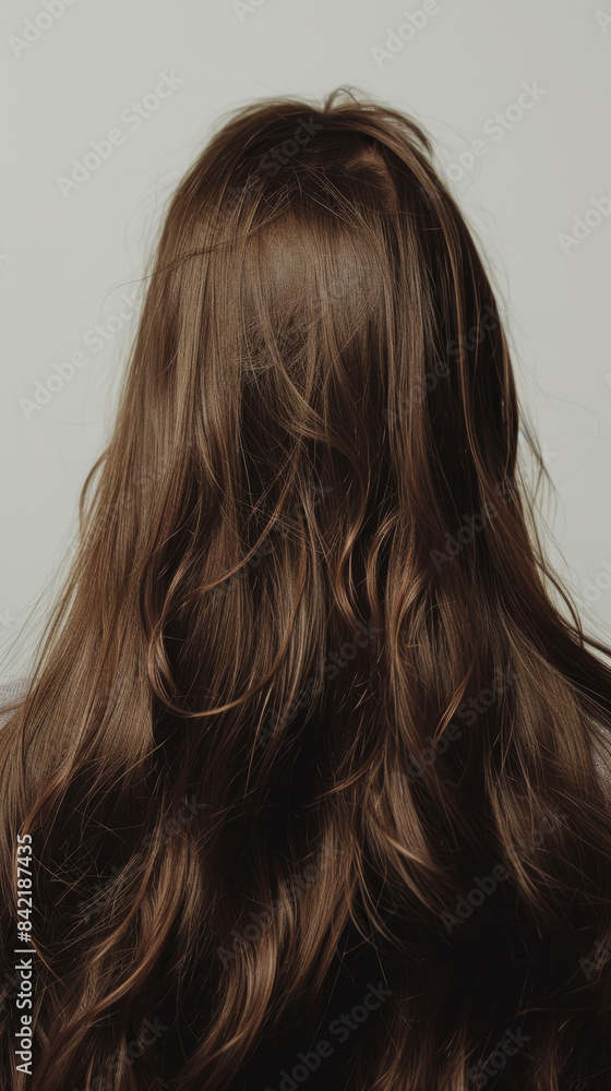 Naklejka premium Back view of woman with long brown wavy hair, detailed close-up. Haircare and beauty concept