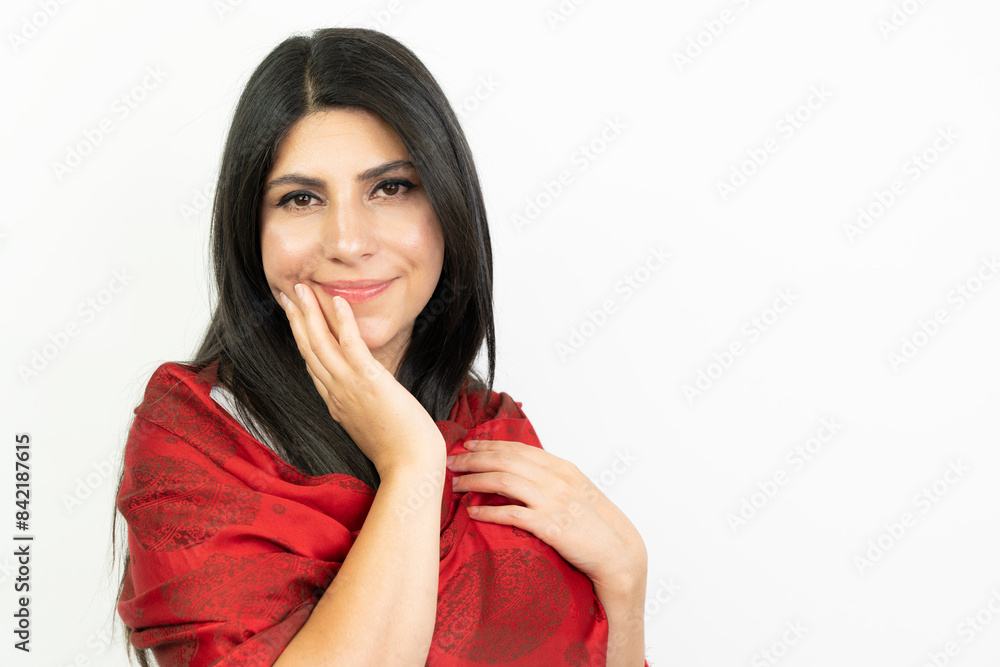Portrait of a woman with a red scarf in the studio Portrait of a woman with a red scarf in the studio