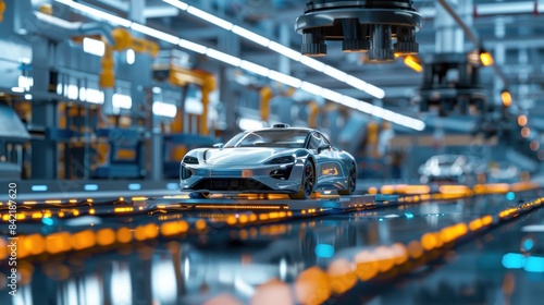 Electric car factory production line, depicted on wide banners alongside production and efficiency statistics.