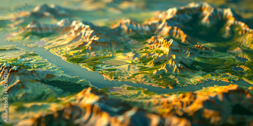 A green landscape with a river and the sun shining on it