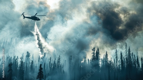 Helicopter transporting water to put out a forest fire burning in a pine forest leaving a large cloud of black and white smoke