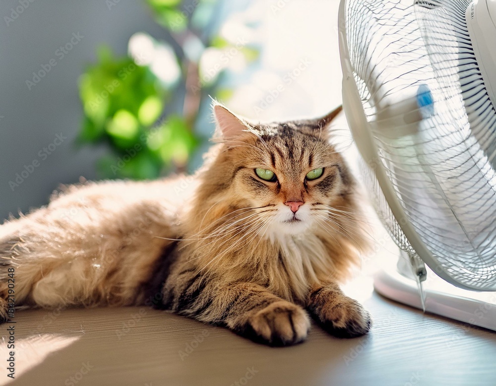 Naklejka premium Adorable fluffy cat relaxing on an indoor table while the fan blows. Summertime warmth