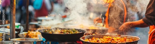 Vibrant street food market scene with steaming dishes in large pans, showcasing diverse and colorful cuisine prepared by a street vendor. photo