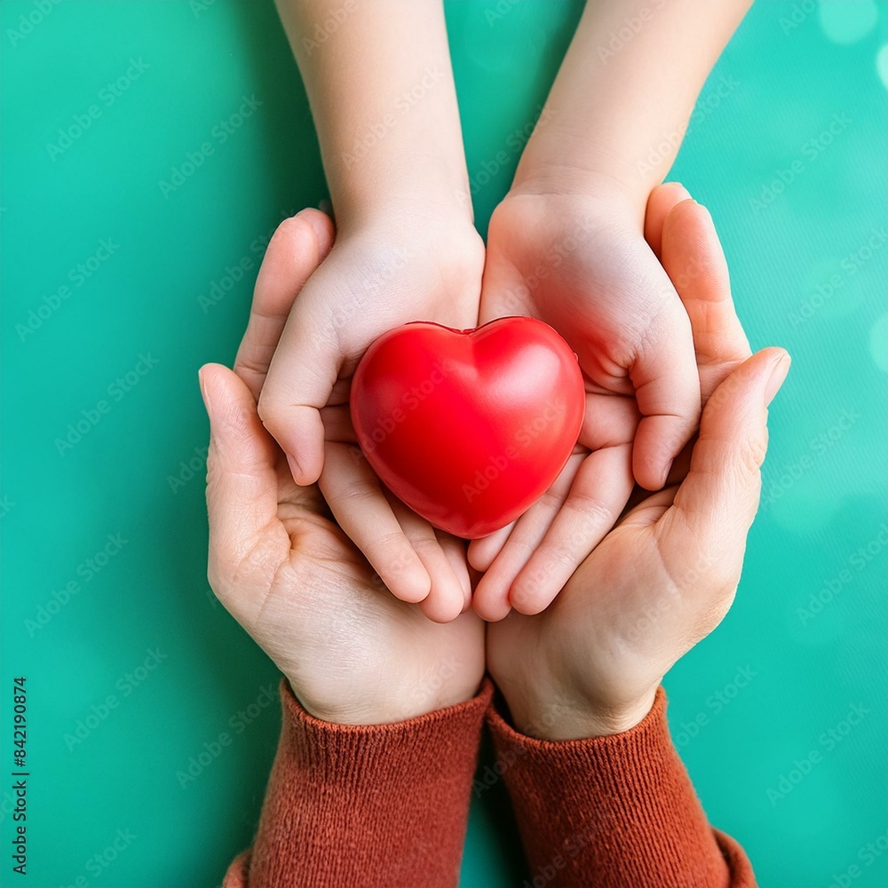 Obraz premium adult and child hands holding red heart on aqua background, heart health, donation, CSR concept, world heart day, world health day, family day
