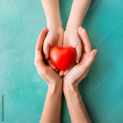 adult and child hands holding red heart on aqua background  heart health  donation  CSR concept  world heart day  world health day  family day