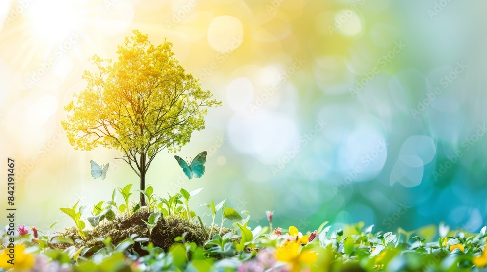 Obraz premium Sunny spring meadow with vibrant flowers blooming amidst lush green grass