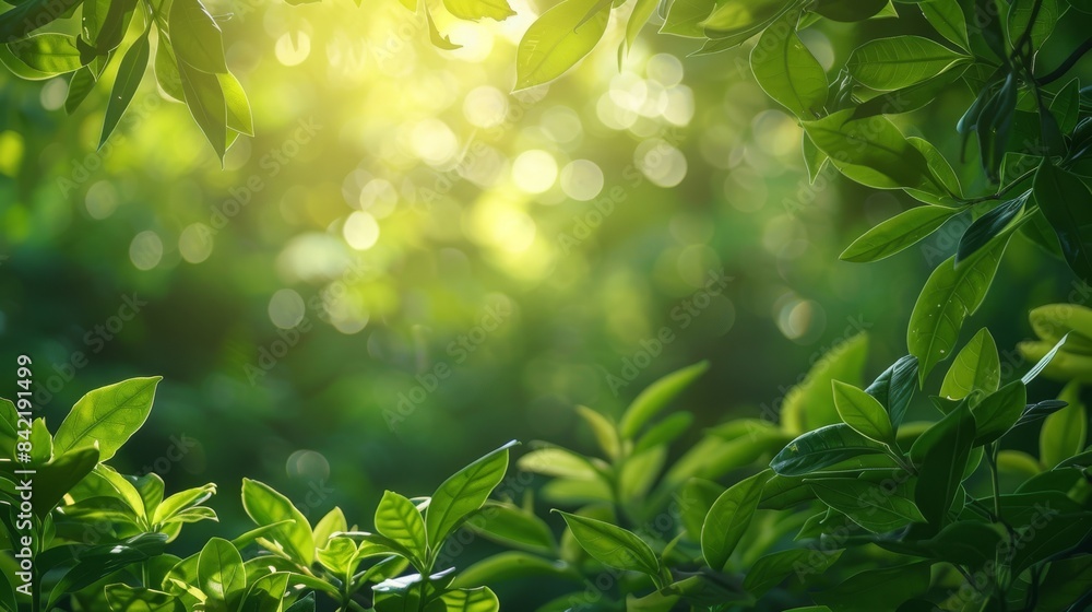 Lush green leaves bathed in sunlight create a vibrant summer forest scene Lush green leaves bathed in sunlight create a vibrant summer forest scene