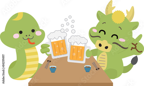 忘年会、新年会などの宴会でビールで乾杯する蛇と龍