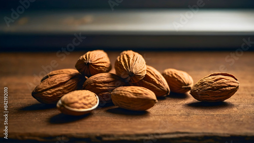 A few almonds, scattered on the table, waiting to be picked up. photo