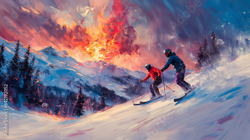 Two Skiers Gliding Down Snowy Mountain, Fiery Sunset Illuminating The Sky