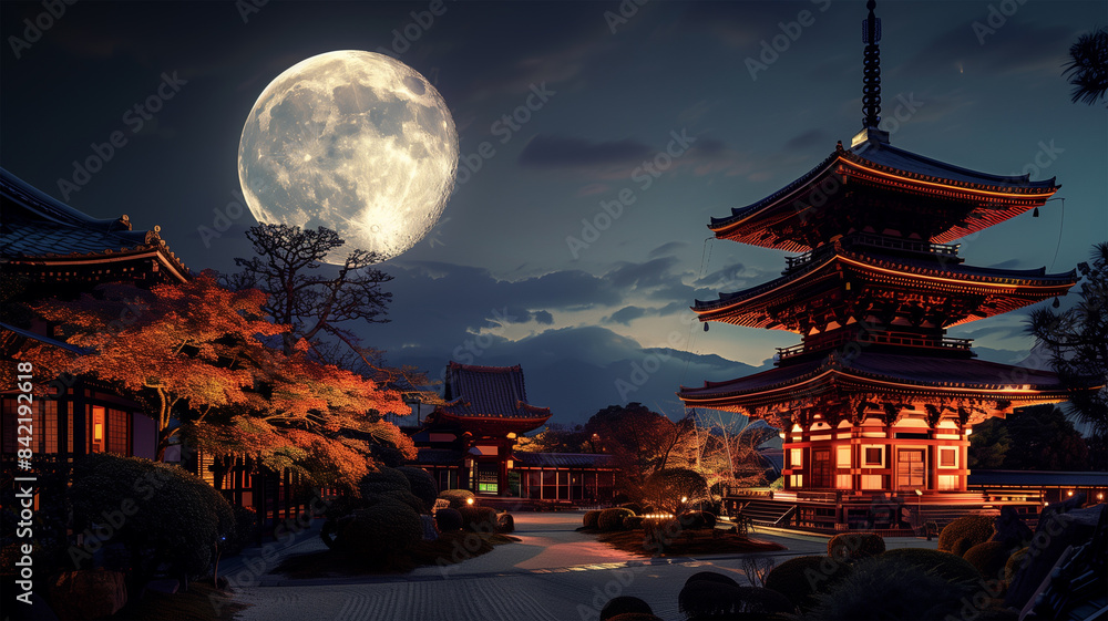 Obraz premium 満月の夜の日本の寺院