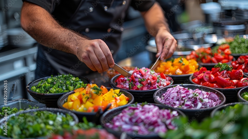 A chef preparing a colorful salad, illustrating healthy eating and nutrition. A chef preparing a colorful salad, illustrating healthy eating and nutrition.