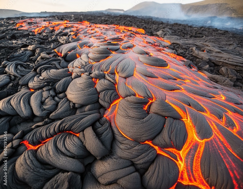 Fototapeta premium Aerial view of the texture of a solidifying lava field, close-up