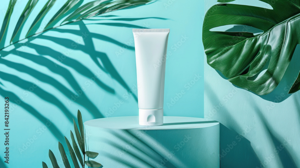 Fototapeta premium White Cosmetic Tube on a Green Pedestal with Tropical Leaves and Shadows