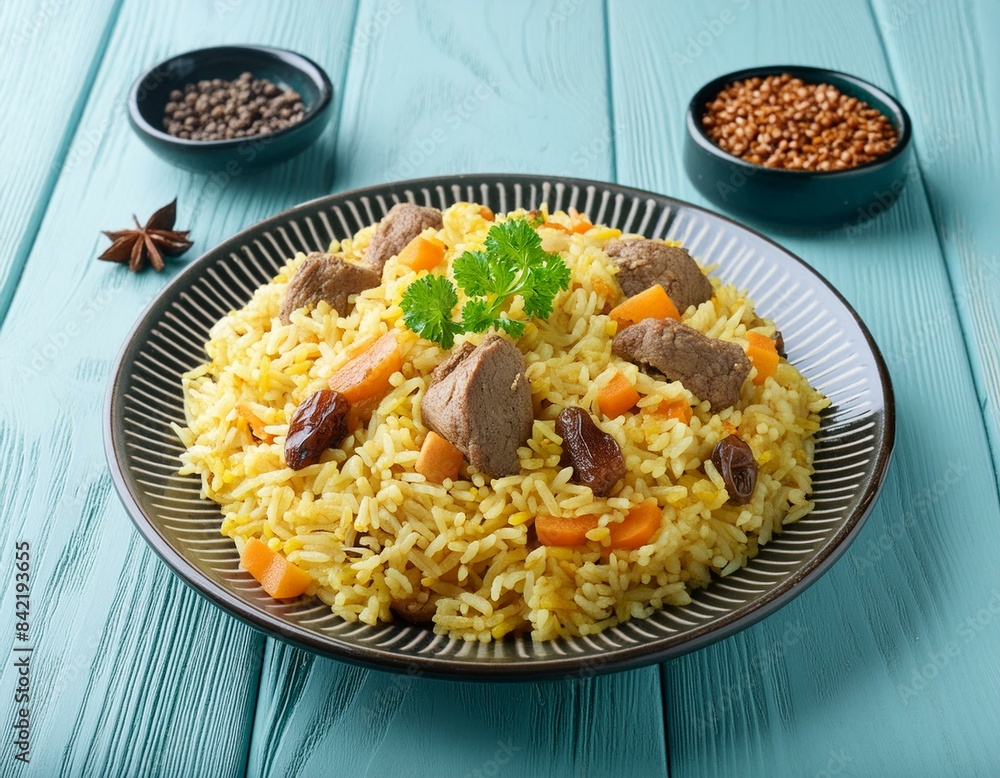 Afghan national dish Kabuli Pulao rice pilaf with lamb and raisin, carrot, nut, spices closeup on the plate on the wooden table. Afghan national dish Kabuli Pulao rice pilaf with lamb and raisin, carrot, nut, spices closeup on the plate on the wooden table.