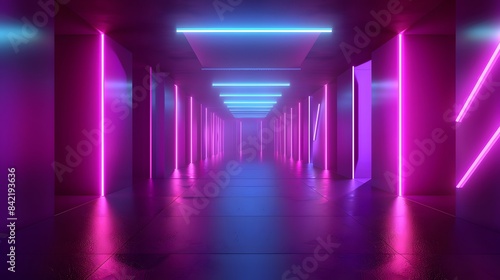 3D Rendering. Geometric figure in neon light against a dark tunnel. Laser glow.